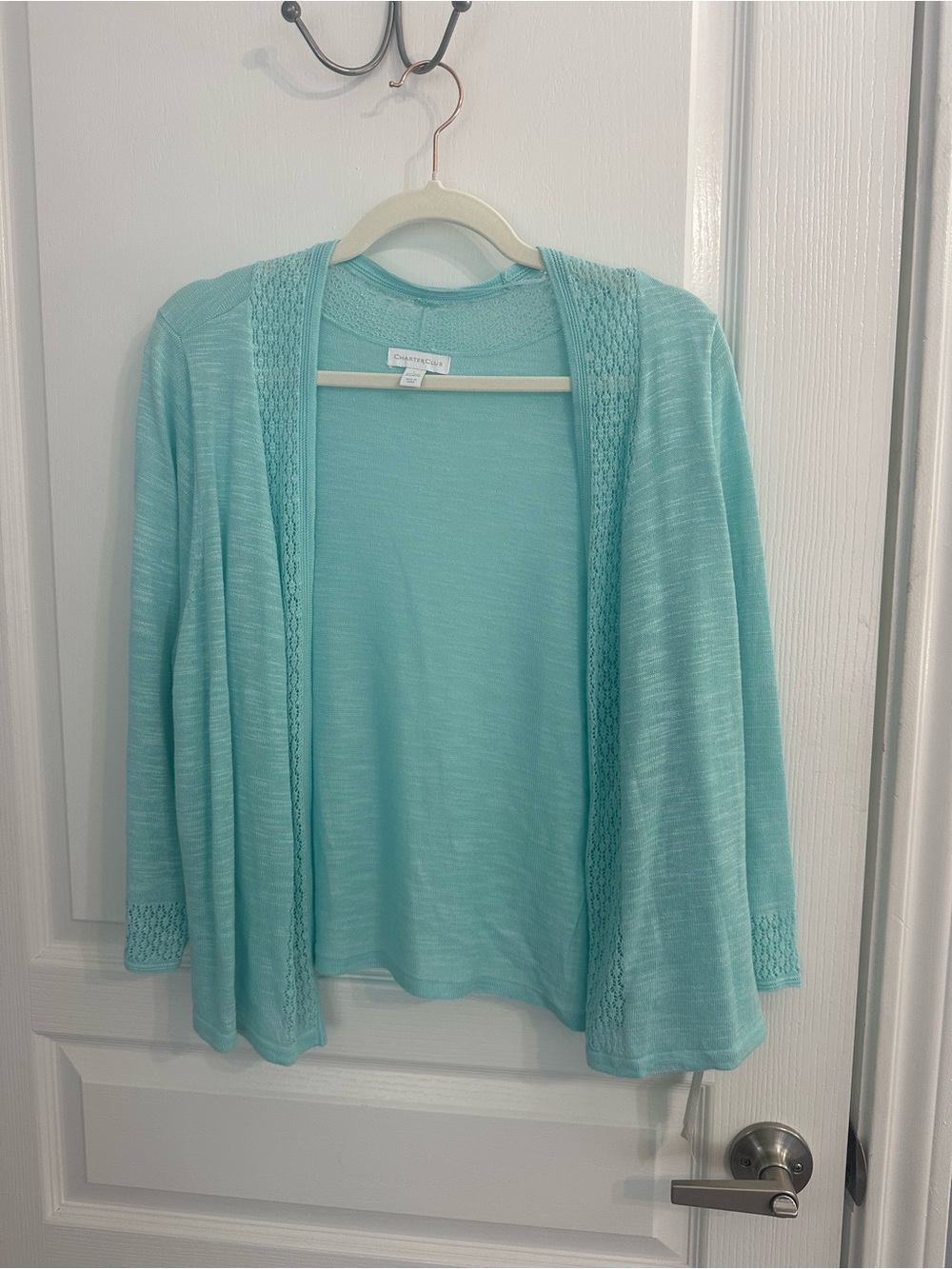 Charter Club Aqua Open-Front Knit Cardigan with Lace Trim